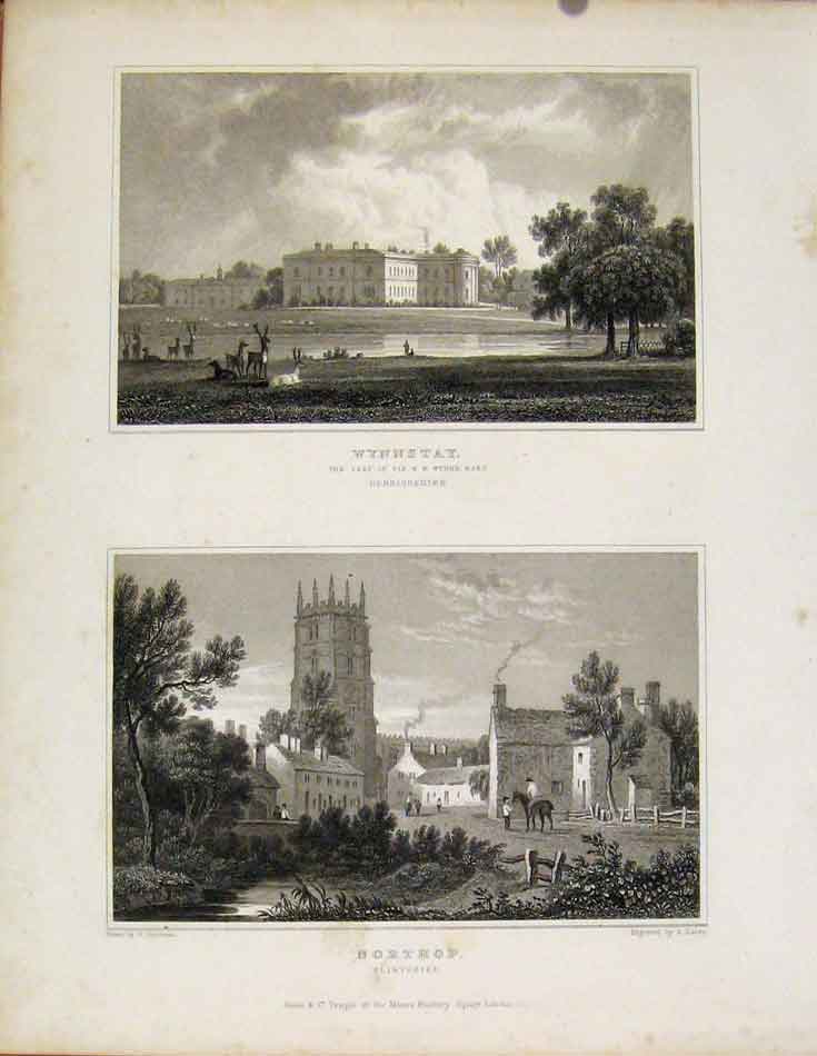 Original Old Antique Print Wynnstay Denbighshire And Northop Flintshire Wales