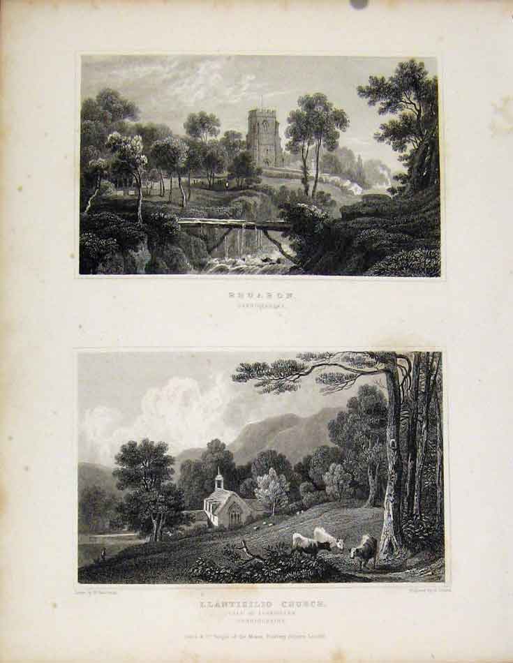 Original Old Antique Print Rhuabon Llantisillio Church Denbighshire Wales