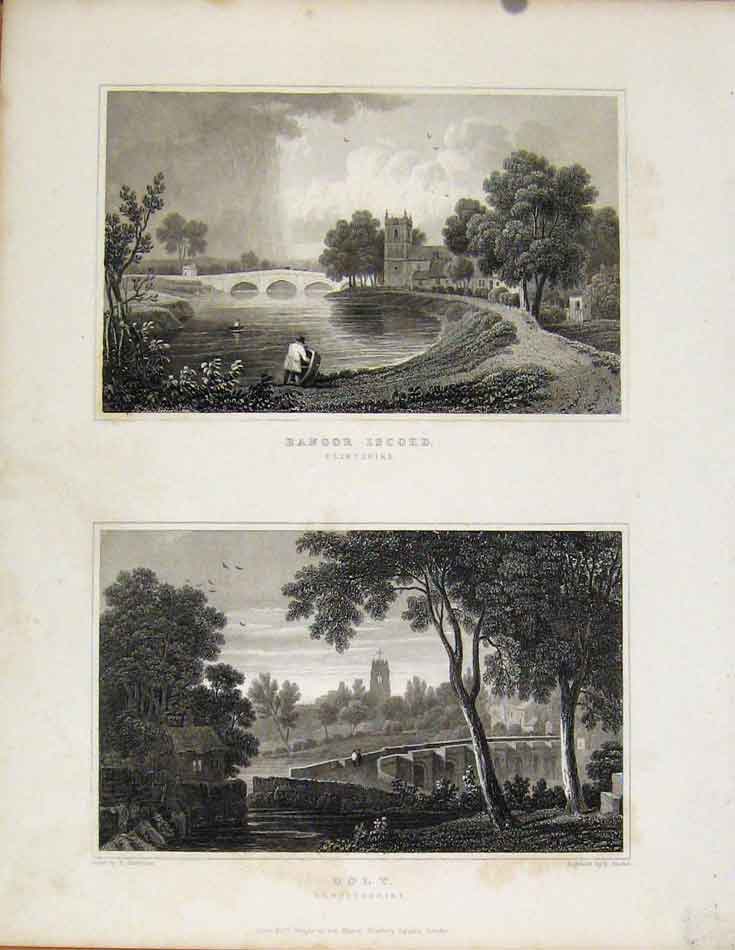 Original Old Antique Print Bango Iscoed Flintshire & Holt Denbighshire Wales