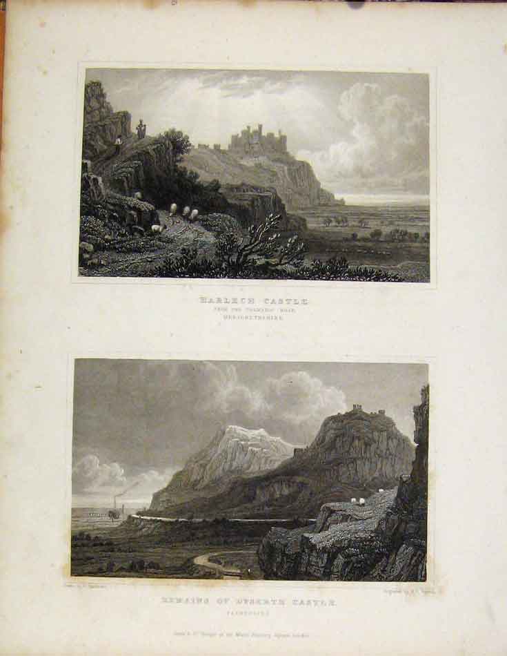 Original Old Antique Print Harlech Castle Merionethshire Remains Dyserth Wales