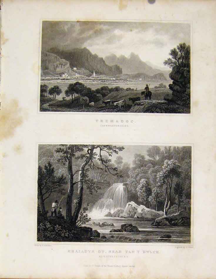 Original Old Antique Print Tremadoc Caernarvonshire Rhaiadyr Du Wales
