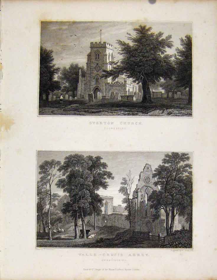 Original Old Antique Print Overton Church Flintshire Valle Crucis Abbey Wales