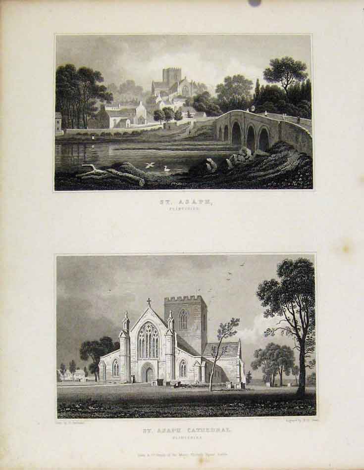 Original Old Antique Print St Asaph Flintshire St Asaph Cathedral Wales
