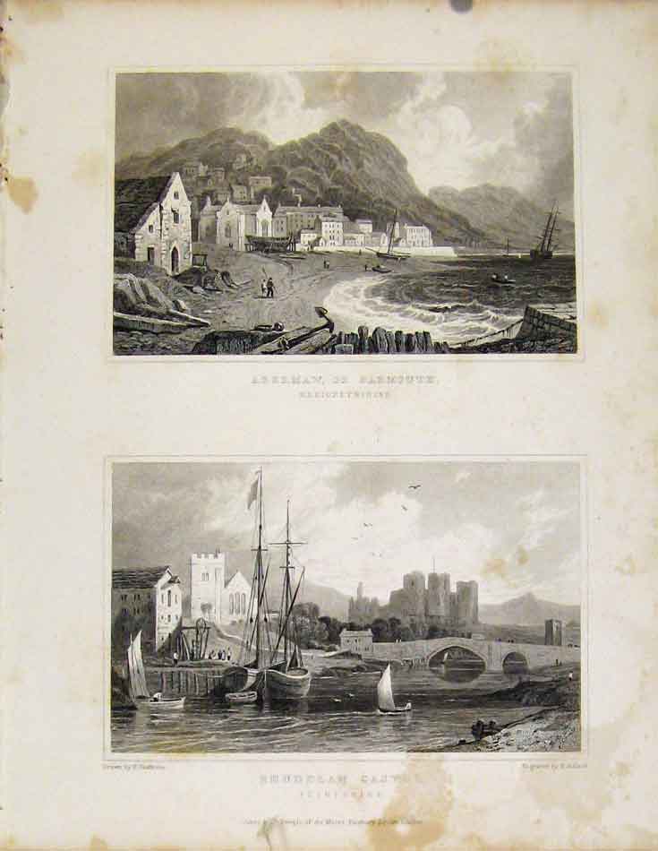Original Old Antique Print Abermaw Barmouth Merionethshire Rhuddlan Castle Wales