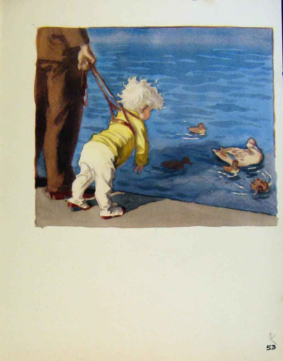Original Old Antique Print At Waters Edge Ducks And Boats By J Dowd & B Spender