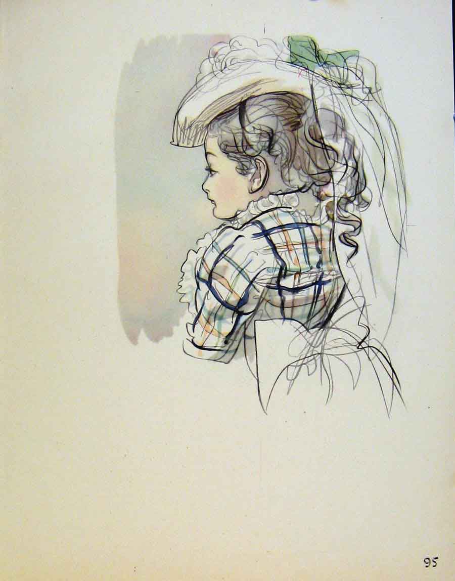 Original Old Antique Print Young Girl Wearing Hat By J Dowd & B Spender