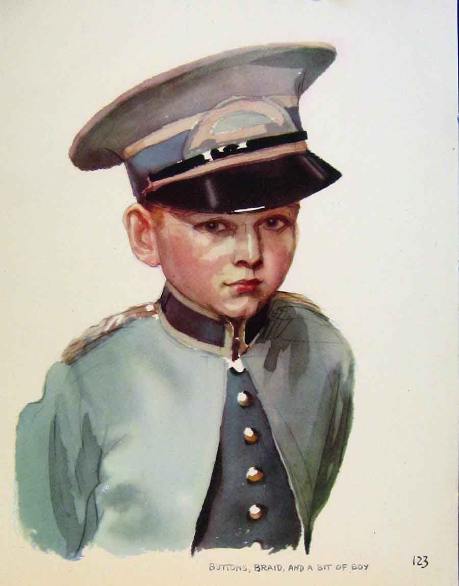 Original Old Antique Print Buttons Braid Boy By J Dowd & B Spender Pen Drawing