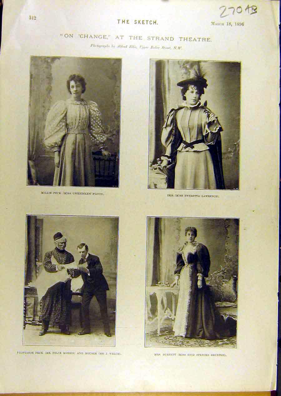 Old Antique Print 1896 Strand Theatre Floyd Actors Actress Scenes Kelly 19th