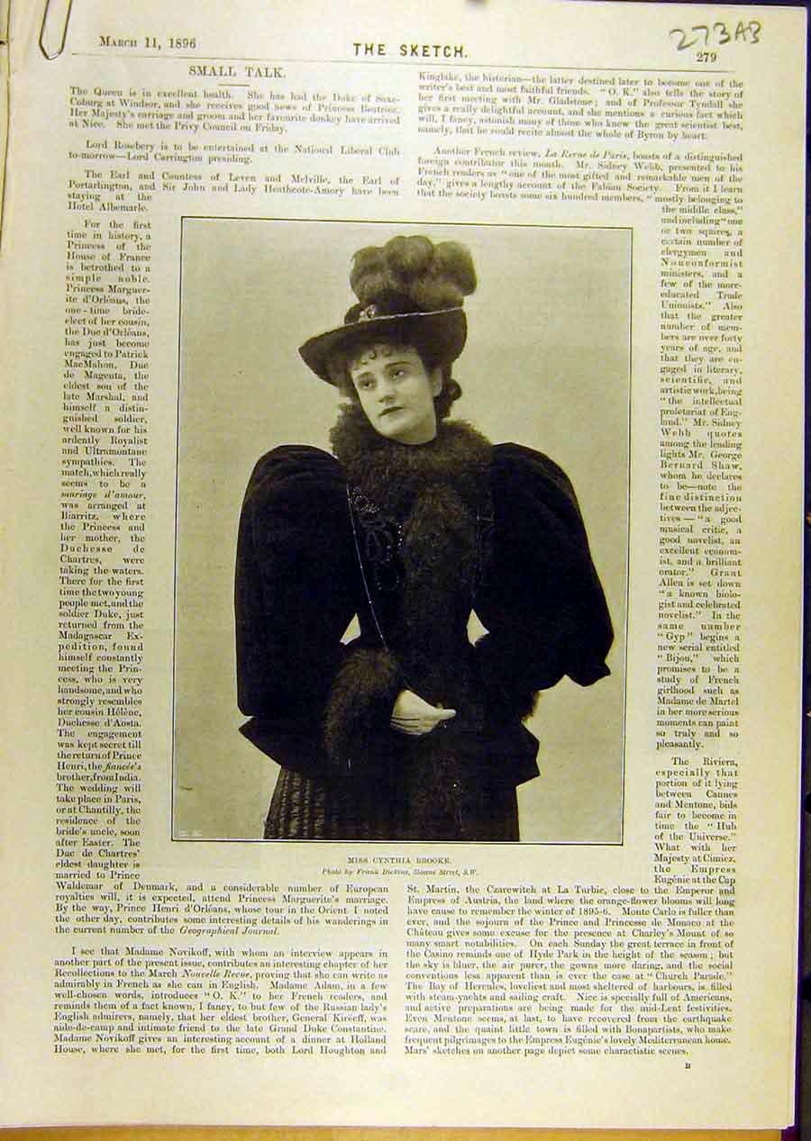 Original Old Antique Print 1896 Cynthia-Brooke Portrait Dog Actress Theatre