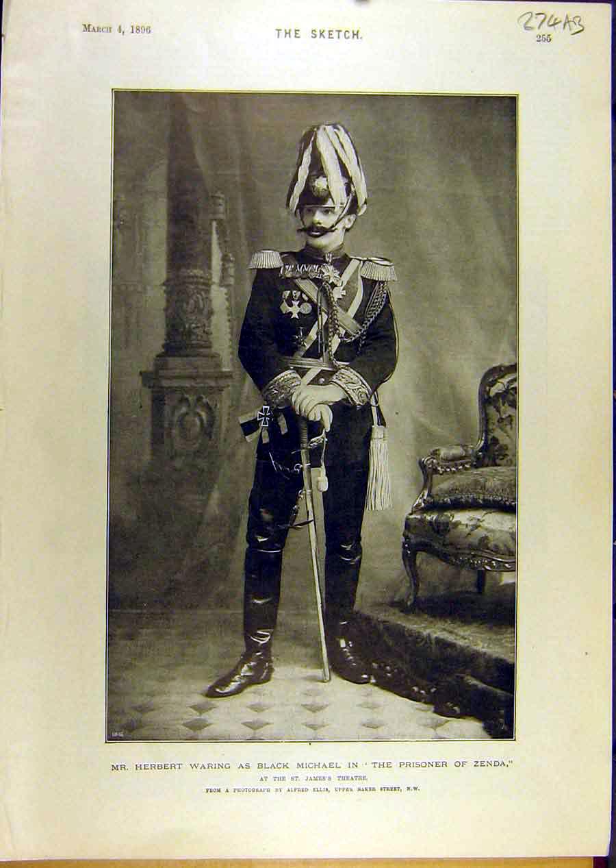 Original Old Antique Print 1896 Theatre Prisoner Zenda Herbert-Waring Actor