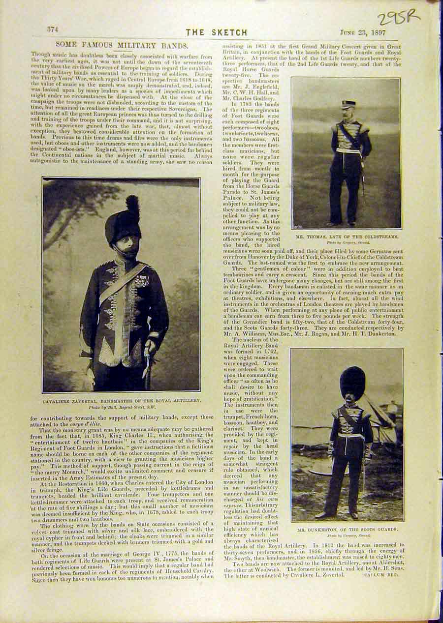 Original Old Antique Print 1897 Military Bands Artillery Cstreams Guards Horse