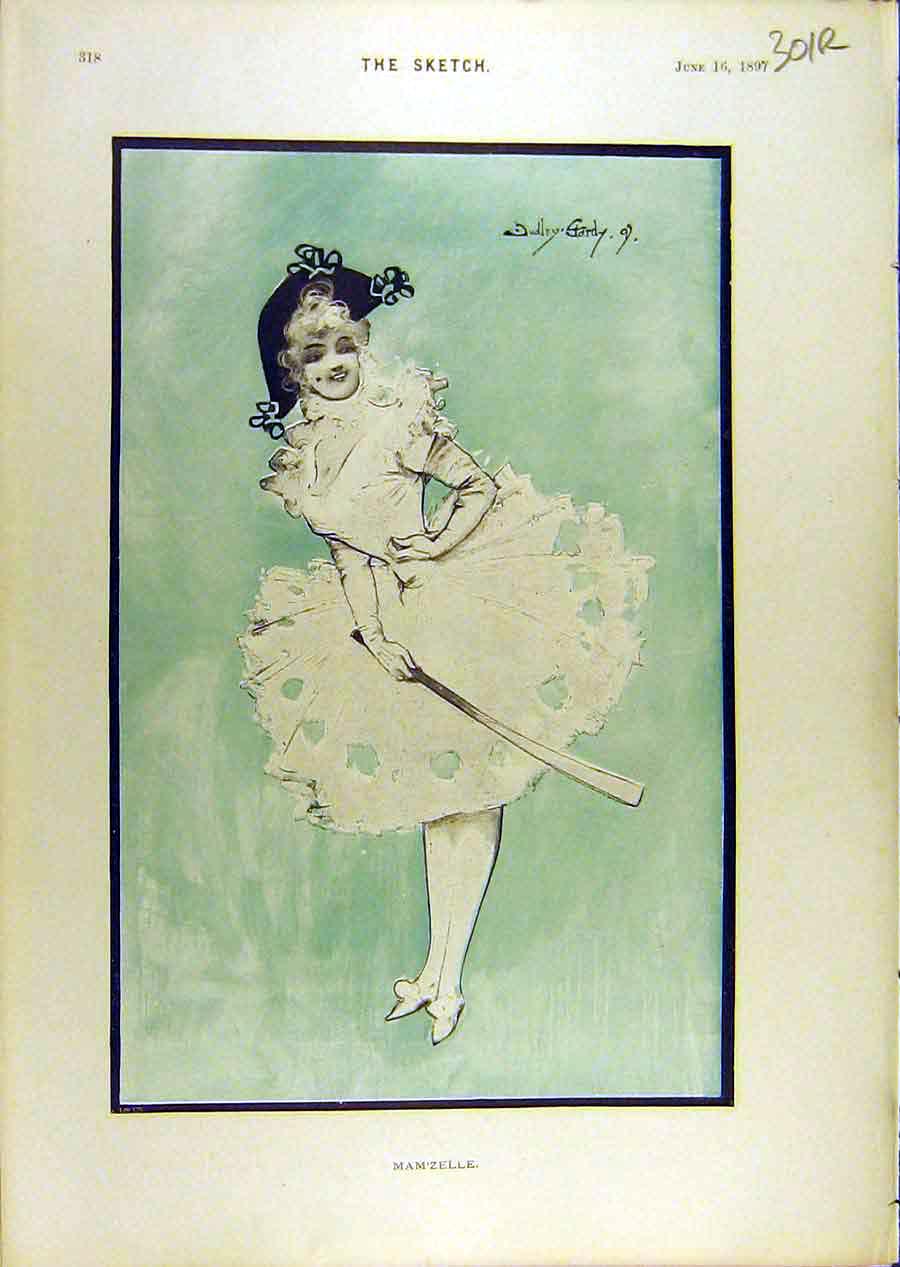 Old Antique Print 1897 Mam'Zelle Sketche Theatrelady Garden Fashion Dress 19th