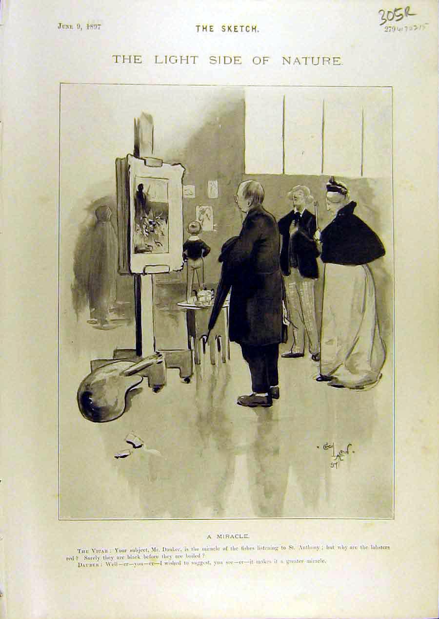 Original Old Antique Print 1897 Miracle Artist Sketch Gents Conversation Comedy
