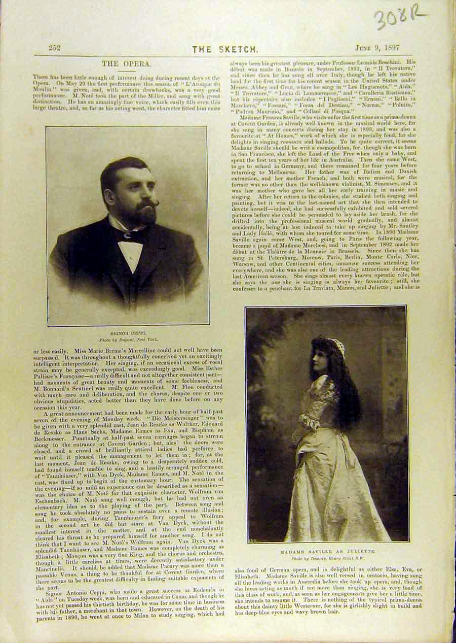 Original Old Antique Print 1897 Opera Ceppi Saville Portrait Madge People 19th