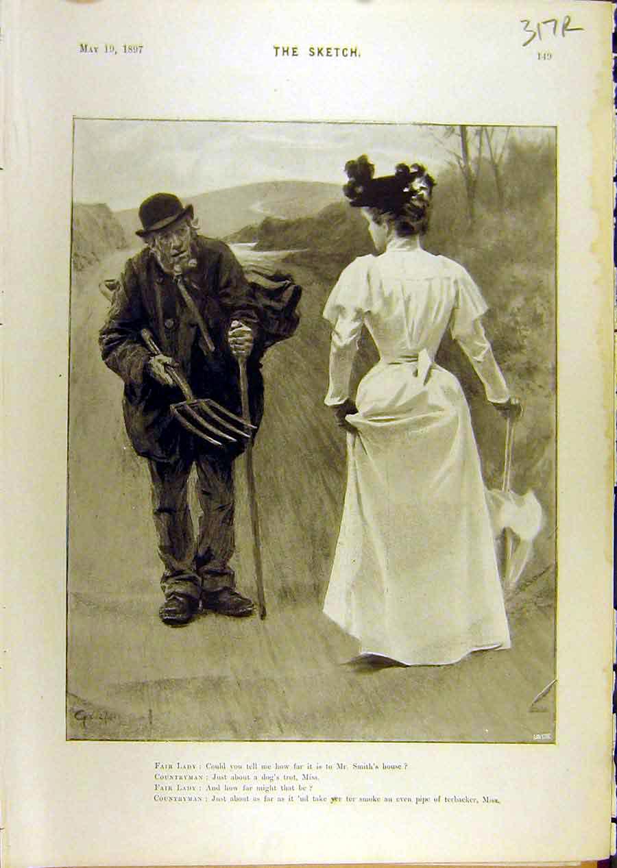 Original Old Antique Print 1897 Sketch Countryman Lady Gents Judge Comedy 19th