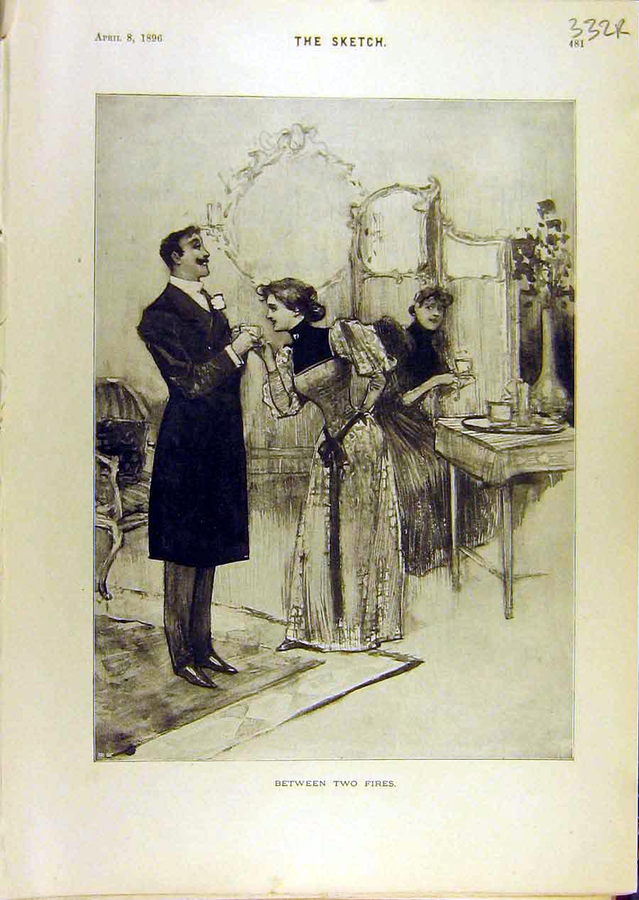Original Old Antique Print 1896 Lady Gent Sketch Comedy Fishermen Gents 19th