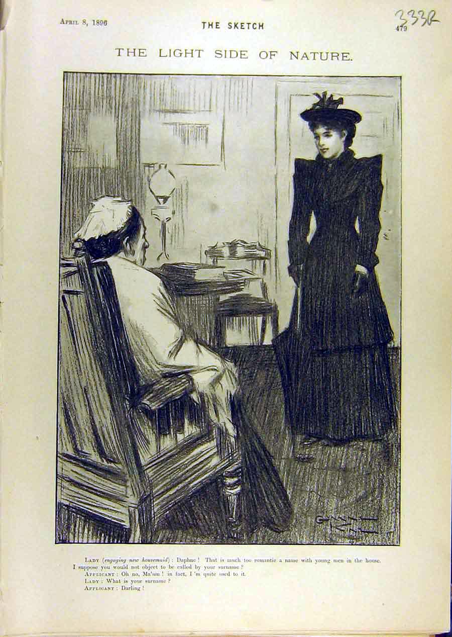 Original Old Antique Print 1896 Sketch Lady Applicant Job Gent Blind Man 19th