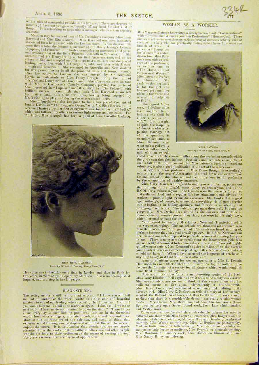 Original Old Antique Print 1896 Women Worker Bateson D'Angeli Sharp Celtic Lyre