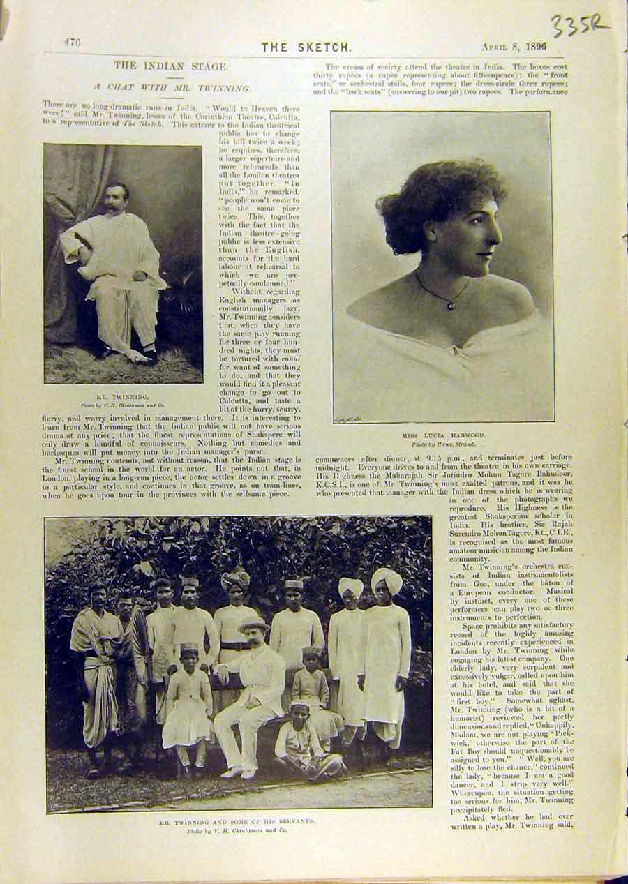 Original Old Antique Print 1896 Indian Stage Sketch Twinning Harwood Cadogan