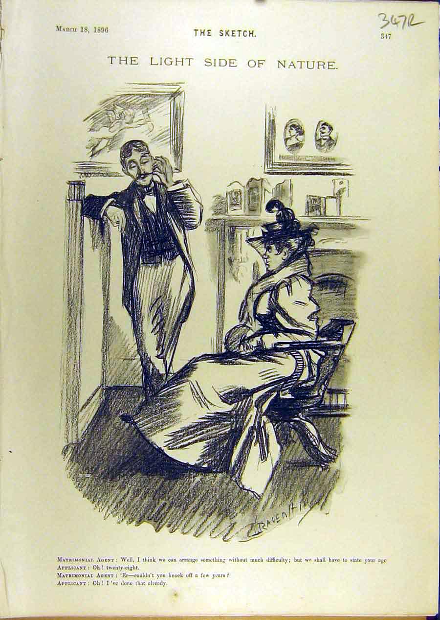 Original Old Antique Print 1896 Lady Gent Matrimonial Sketch Marriage Smith