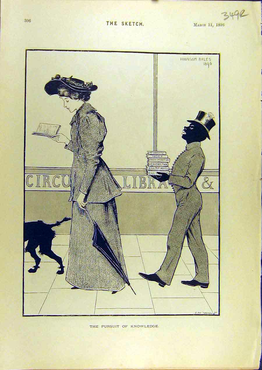 Old Antique Print 1896 Library Knnowledge Comedy Sketch Cigarrete Smoke 19th
