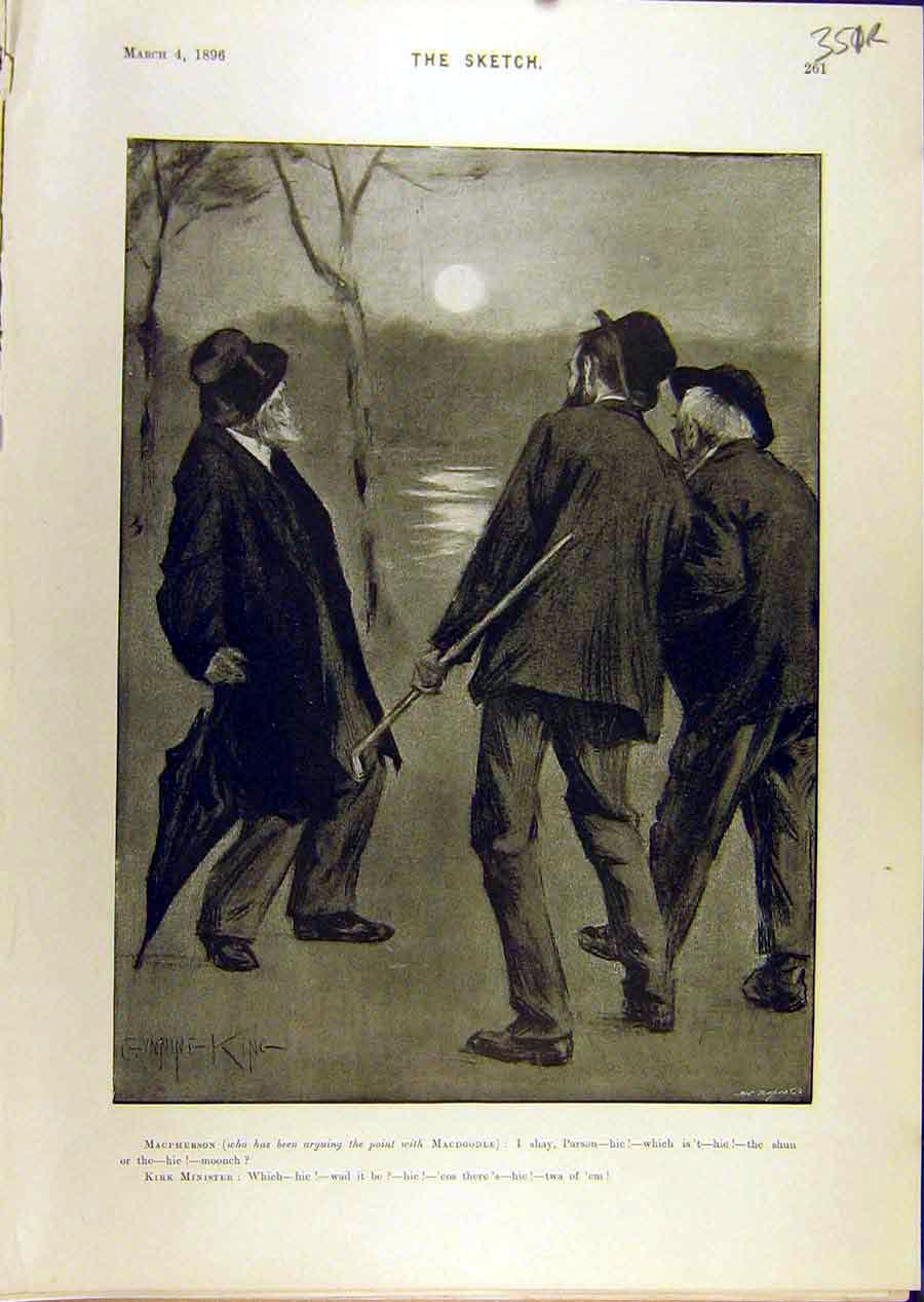 Old Antique Print 1896 Gents Sketch Minister Macpherson Maid March Wind 19th
