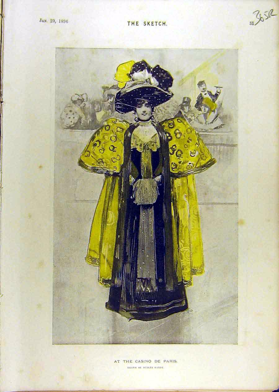 Original Old Antique Print 1896 Casino Paris Lady Portrait Pollies Birds Sketch