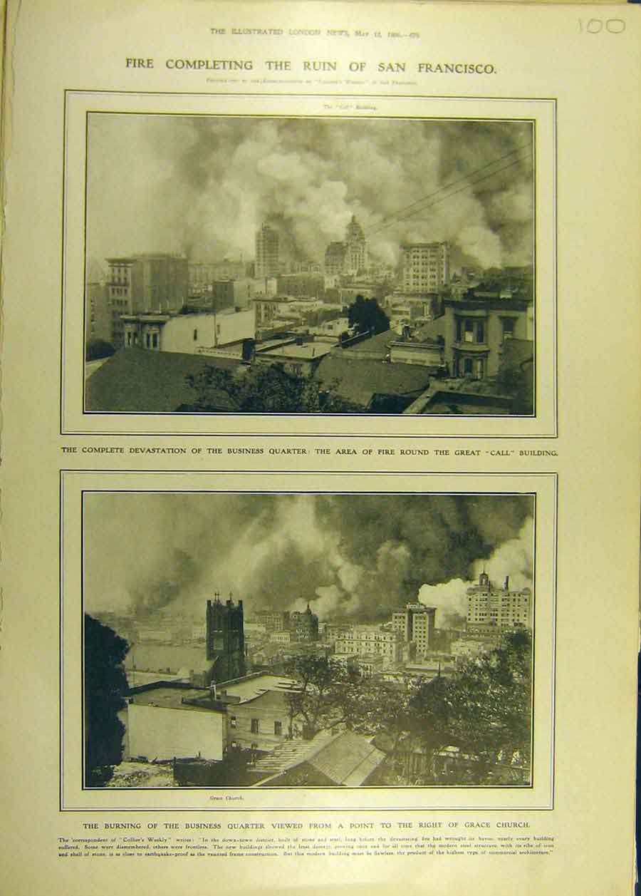 Original Old Antique Print 1906 Fire Burning Business Quarter San Francisco 20th
