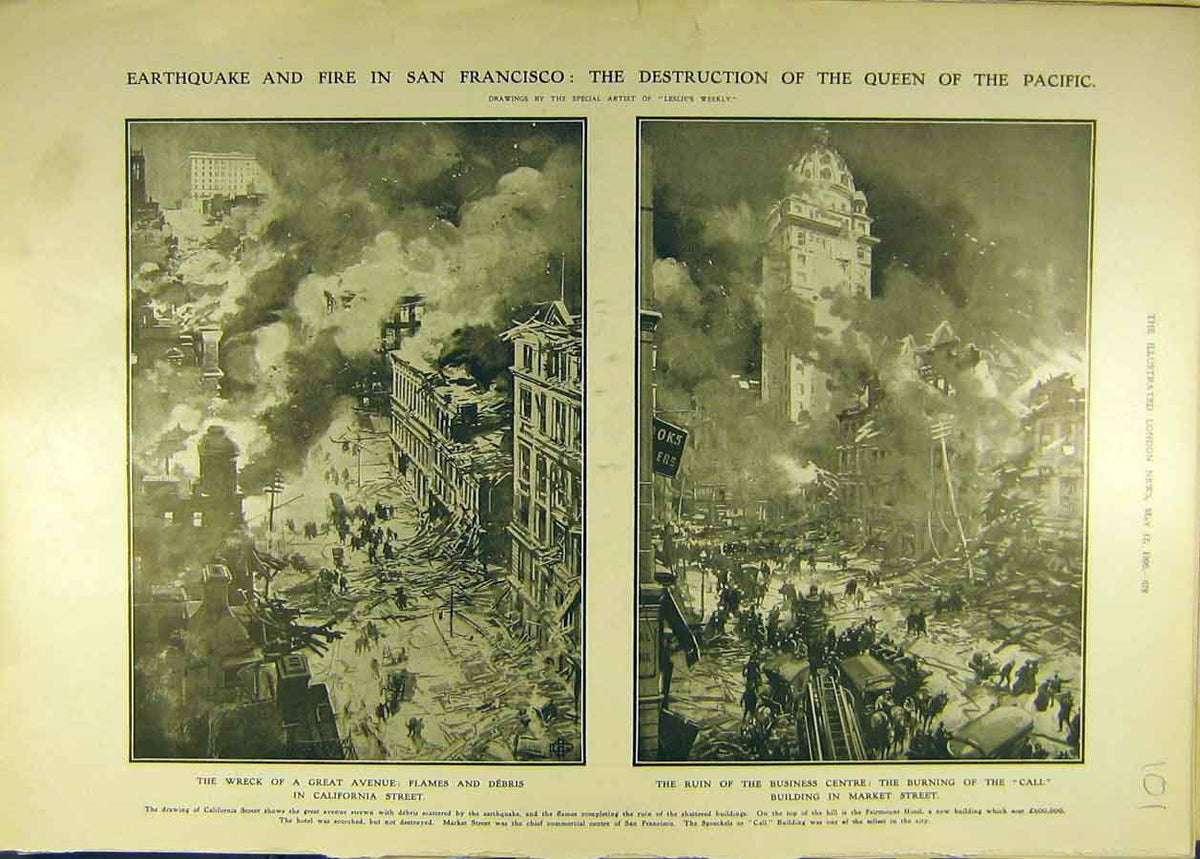 Original Old Antique Print 1906 Earthquate Fire San Francisco Queen Pacific 20th