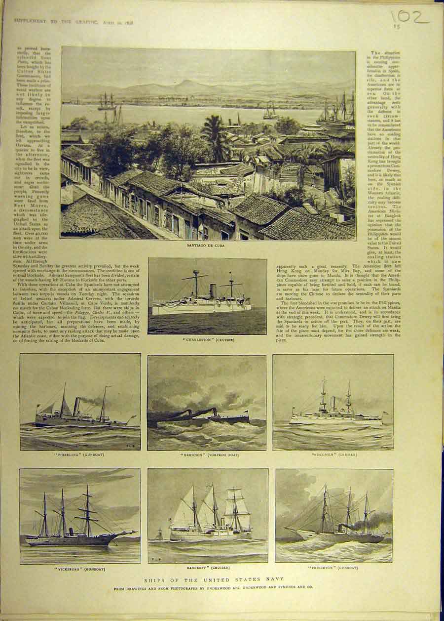 Original Old Antique Print 1898 United States Navy Ships Cuba Cruiser Gunboat