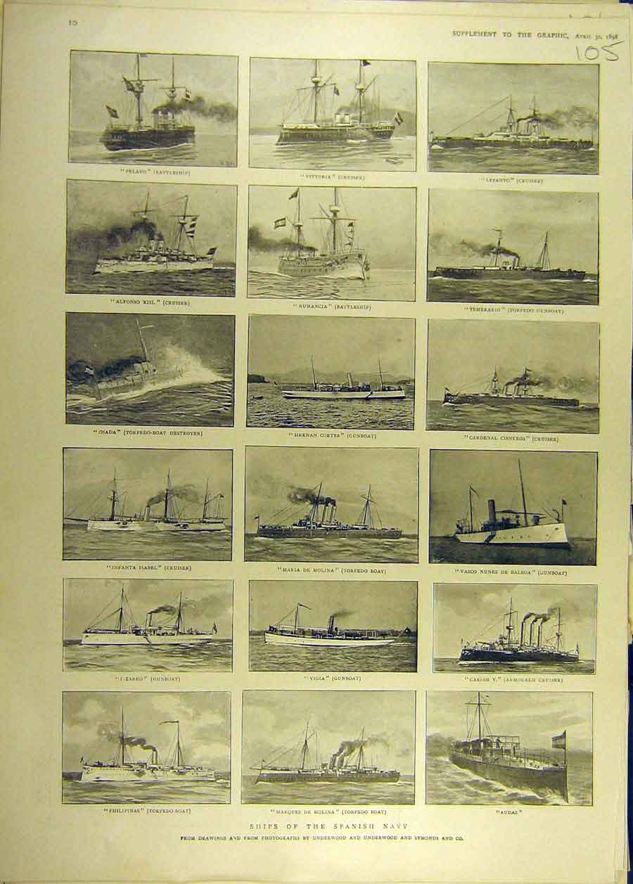 Original Old Antique Print 1898 Spanish Navy Ships Battleship Torpedo Boat 19th