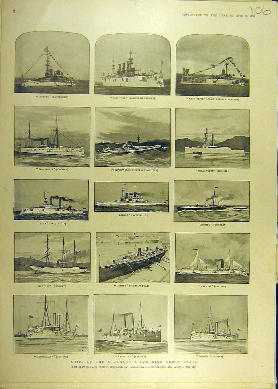Original Old Antique Print 1898 Ships Squadron Cuban Ports Battleships Blockade