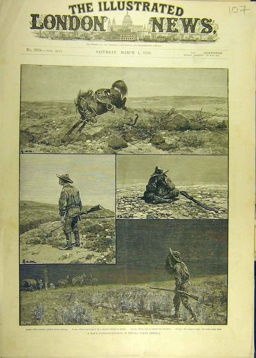 Original Old Antique Print 1890 Antelope Hunting Nevada America Shoot Horse 19th