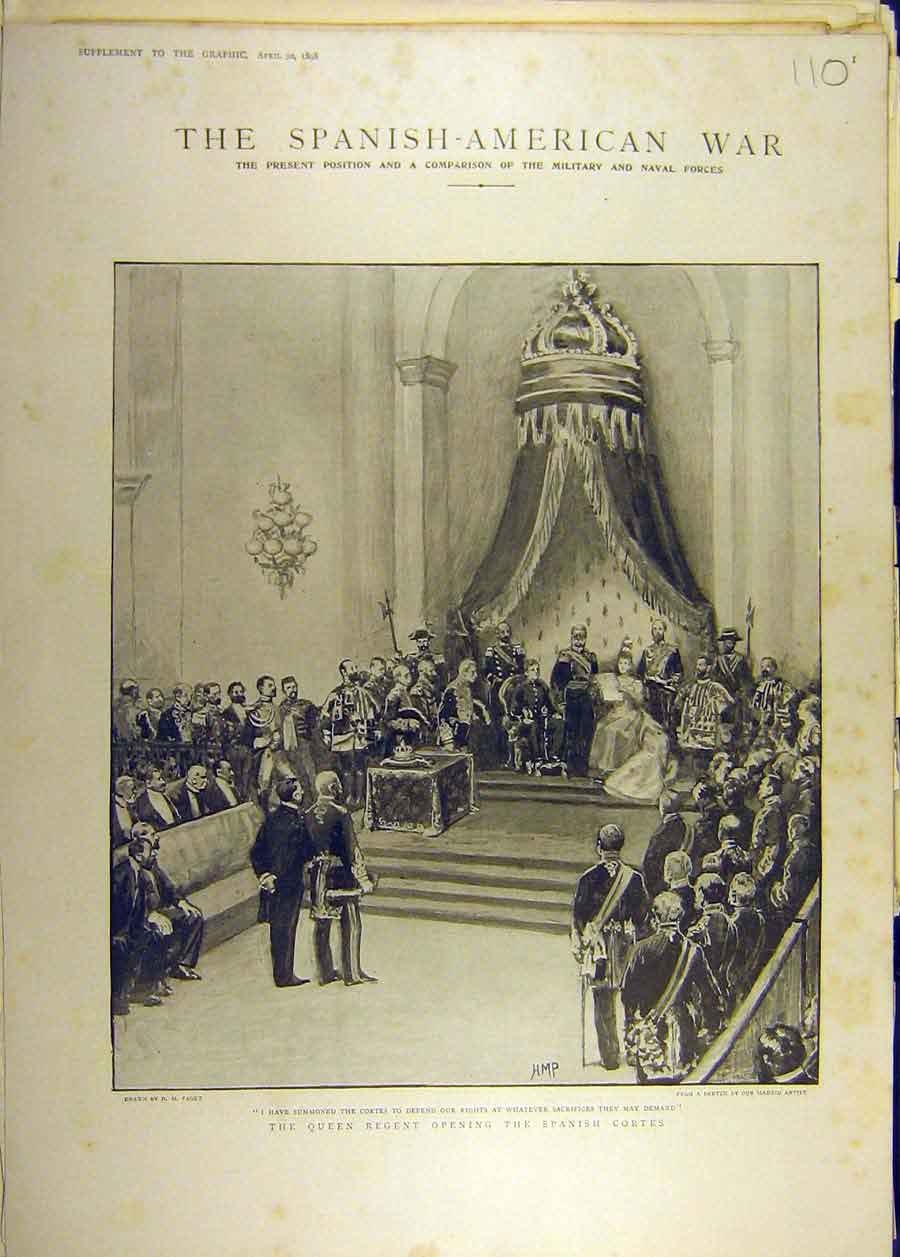 Original Old Antique Print 1898 Spanish American War Queen Courts Opening 19th