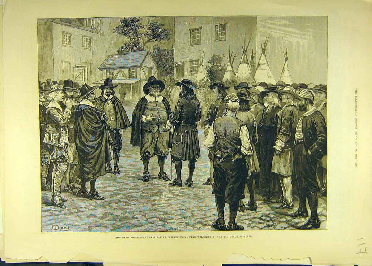 Original Old Antique Print 1882 Penn Bicentenary Festival Dutch Philadelphia