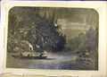 Original Old Antique Print 1857 Water-Hunting Deer Night River Pennsylvania 19th