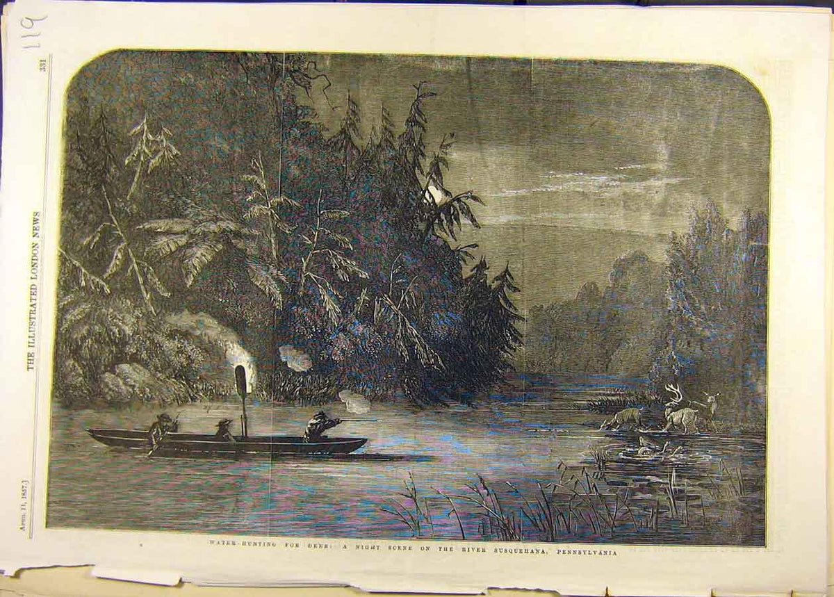 Original Old Antique Print 1857 Water-Hunting Deer Night River Pennsylvania 19th