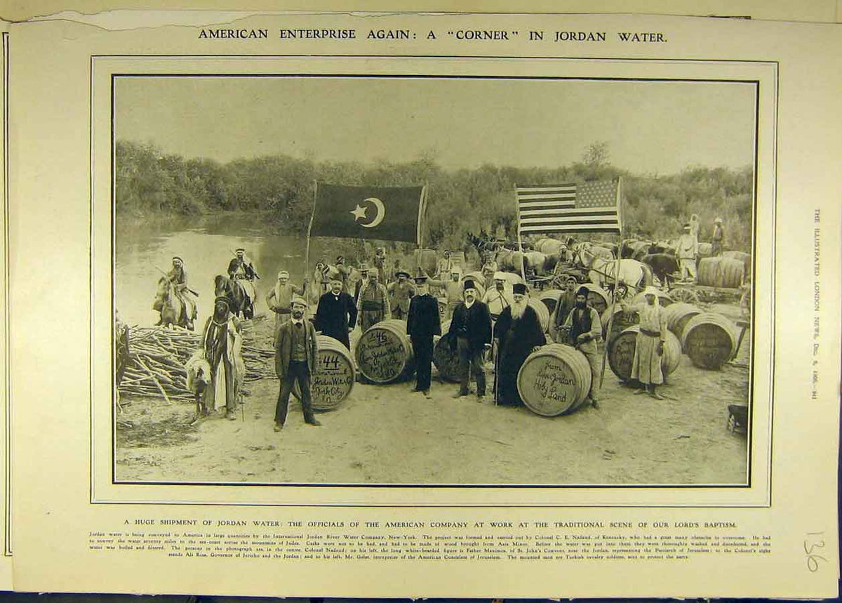 Original Old Antique Print 1906 Jordan Water Shipment Baptism Barrels Holy 20th