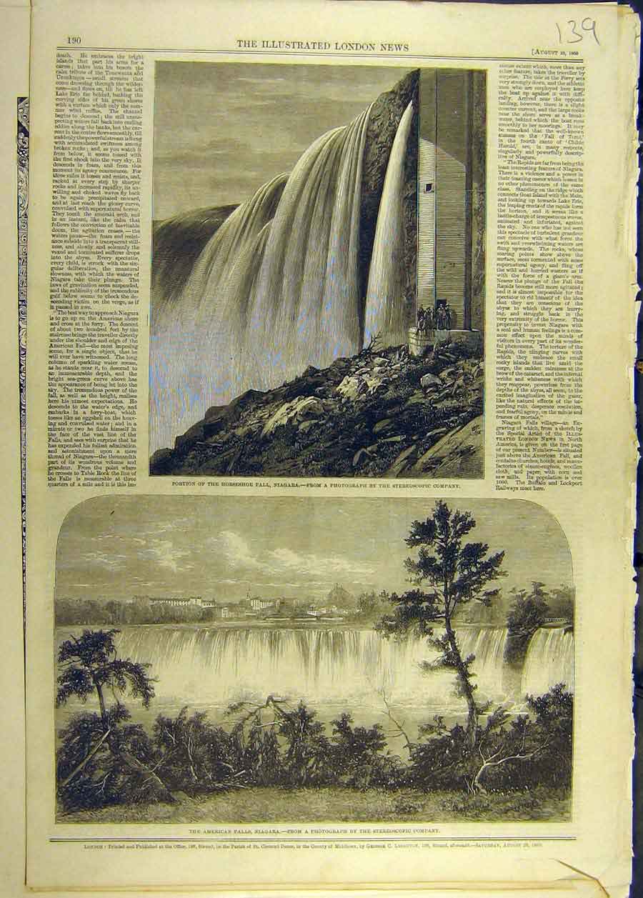 Original Old Antique Print 1860 Horseshow Fall Niagara American Water Victorian