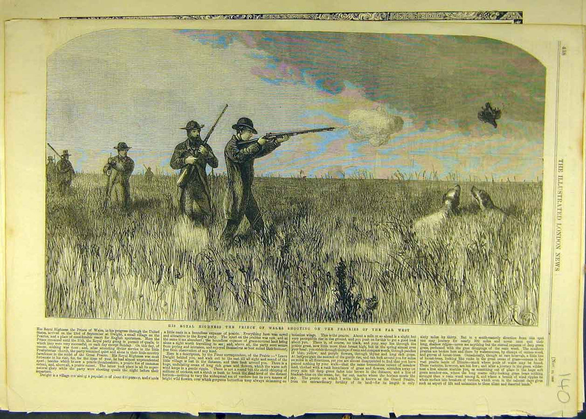 Original Old Antique Print 1860 Royal Prince Wales Shoot Hunt Prairies Gun Dog