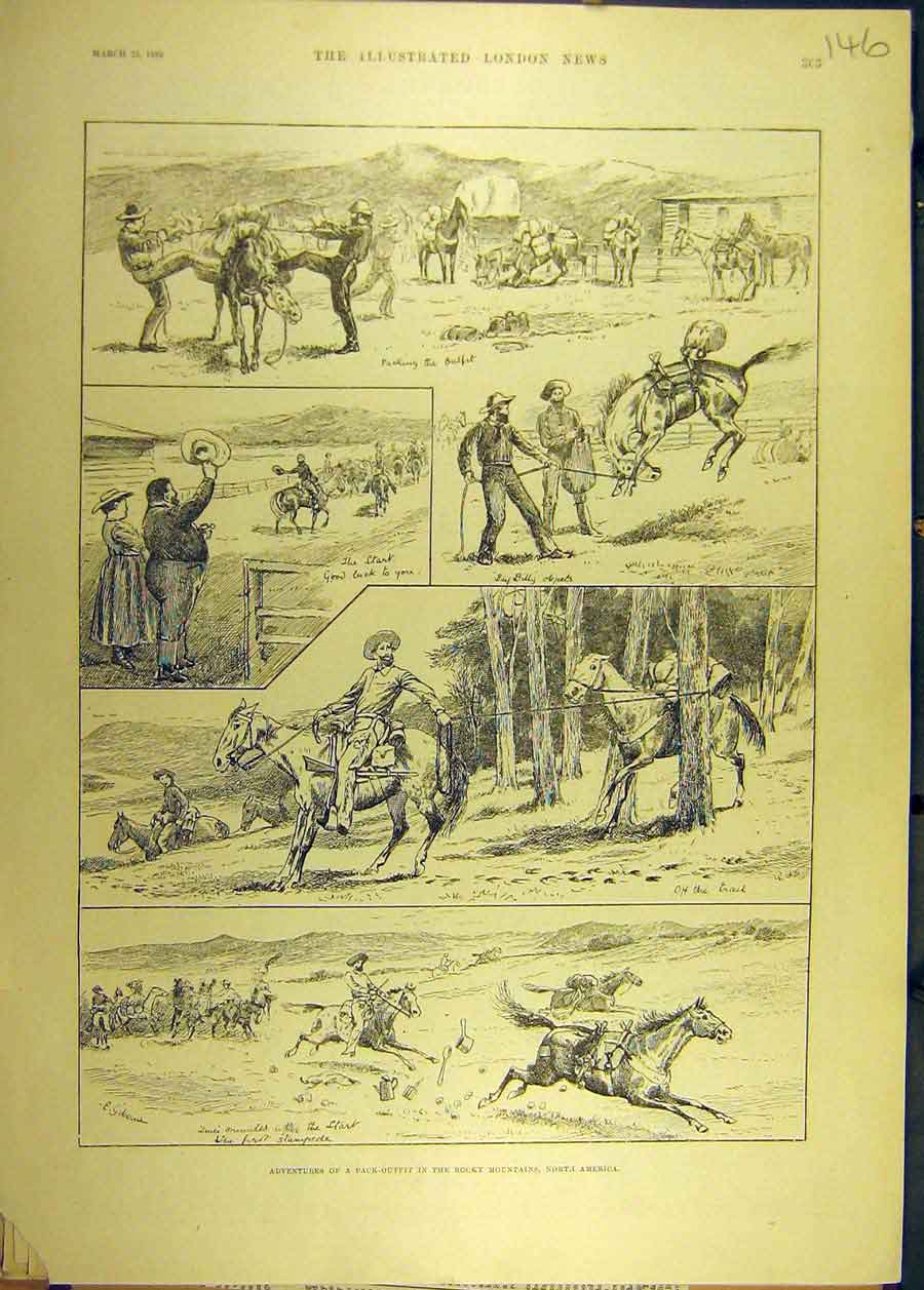 Original Old Antique Print 1889 Pack-Outfit Rocky Mountains America Horse 19th