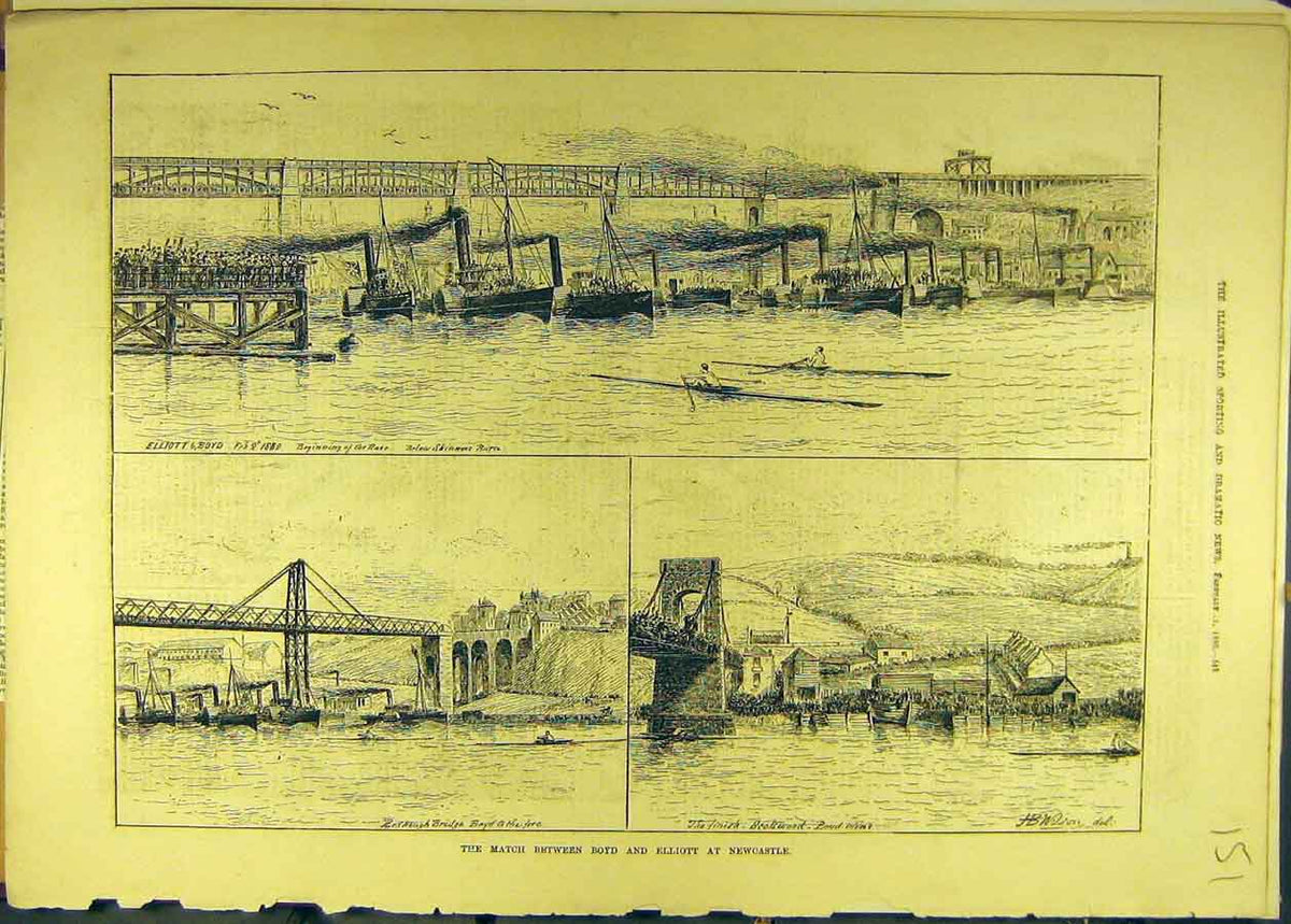 Original Old Antique Print 1880 Boyd Elliott Newcastle Competition Bridge 19th