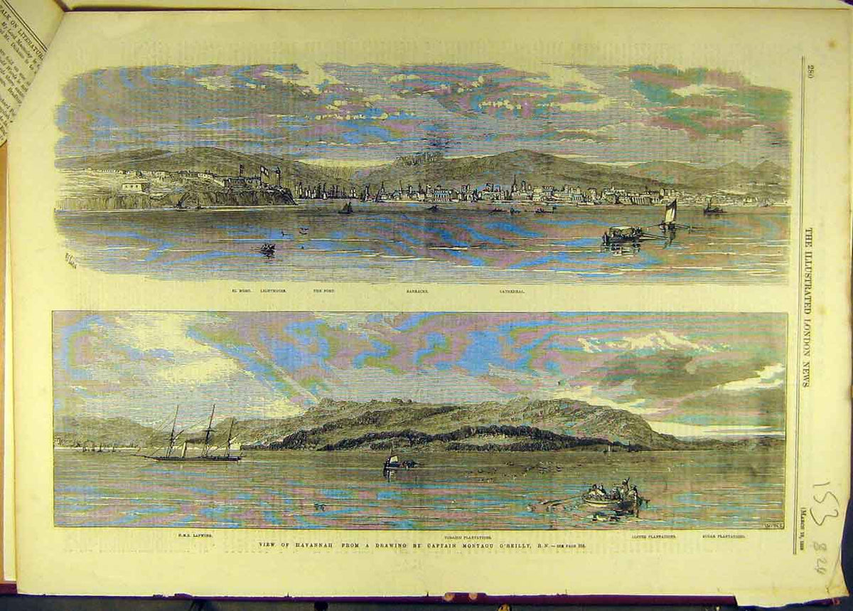Original Old Antique Print 1859 Havannah Captain O'Reilly Ships Harbour Bay Port