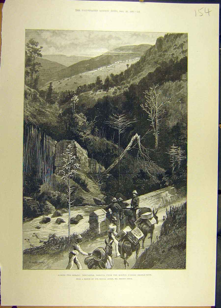 Original Old Antique Print 1888 D'Orsay Bridle-Path Horse Rider Bridge River