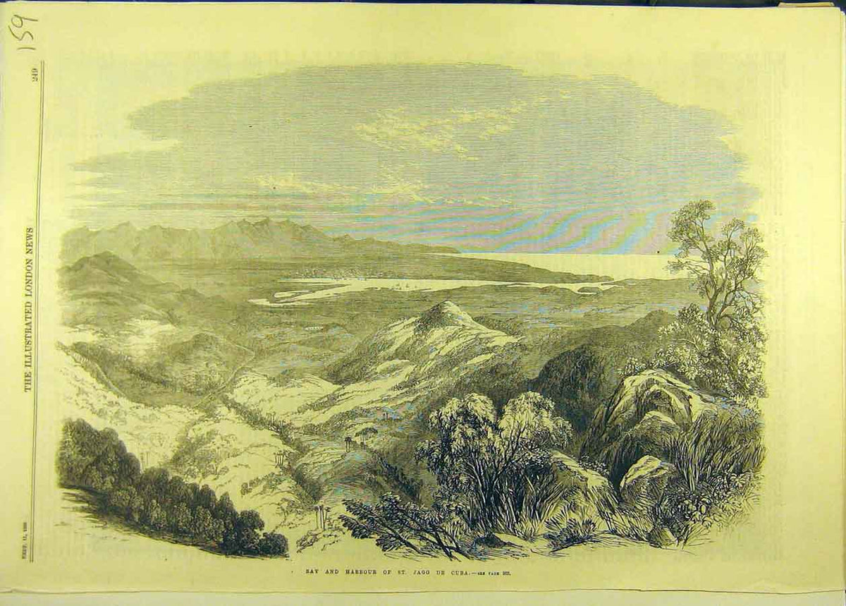 Original Old Antique Print 1869 Bay Harbour St. Jago Cuba Landscape Victorian