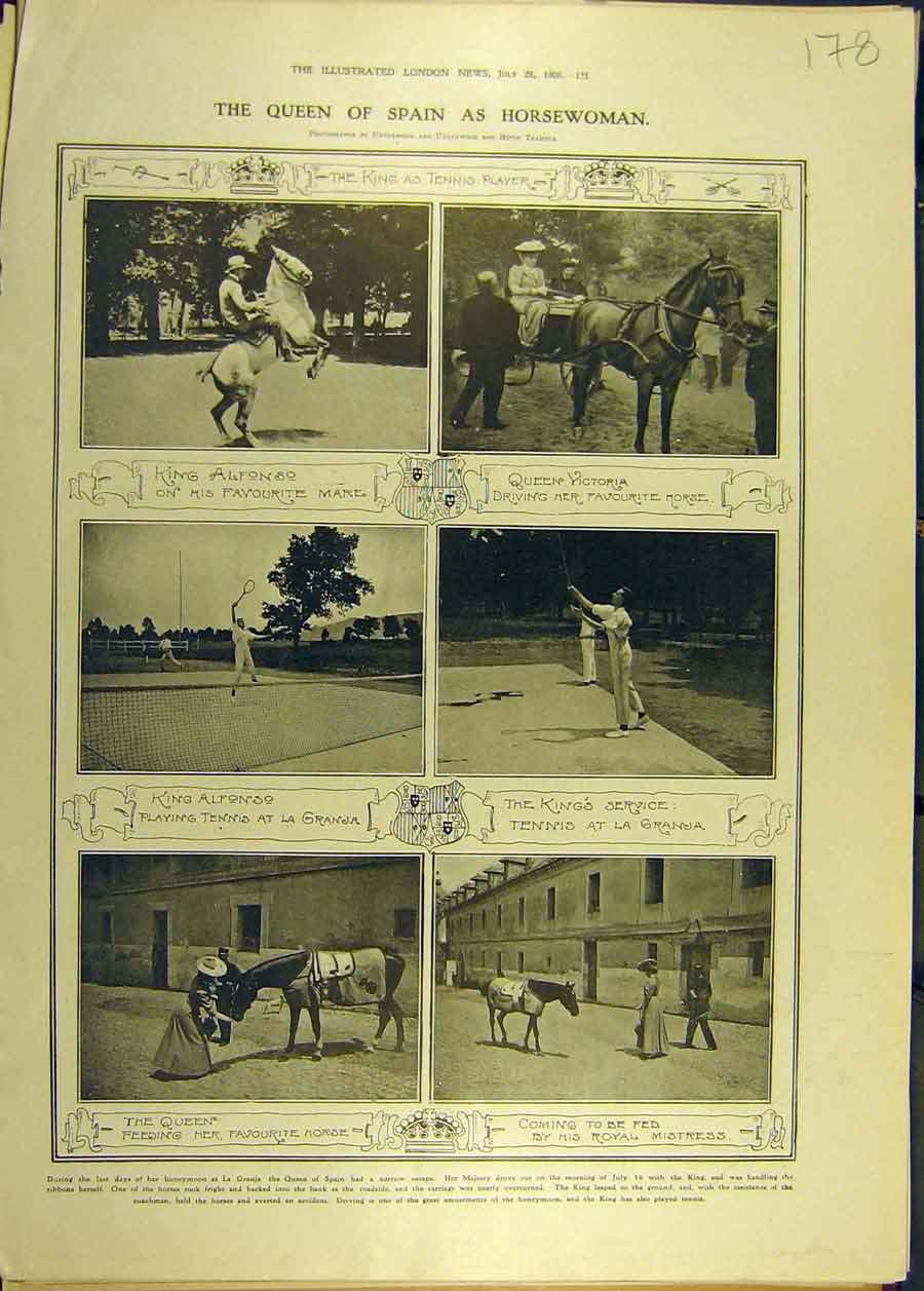 Original Old Antique Print 1906 Queen Spain Horsewoman Rider Royal Alfonso 20th