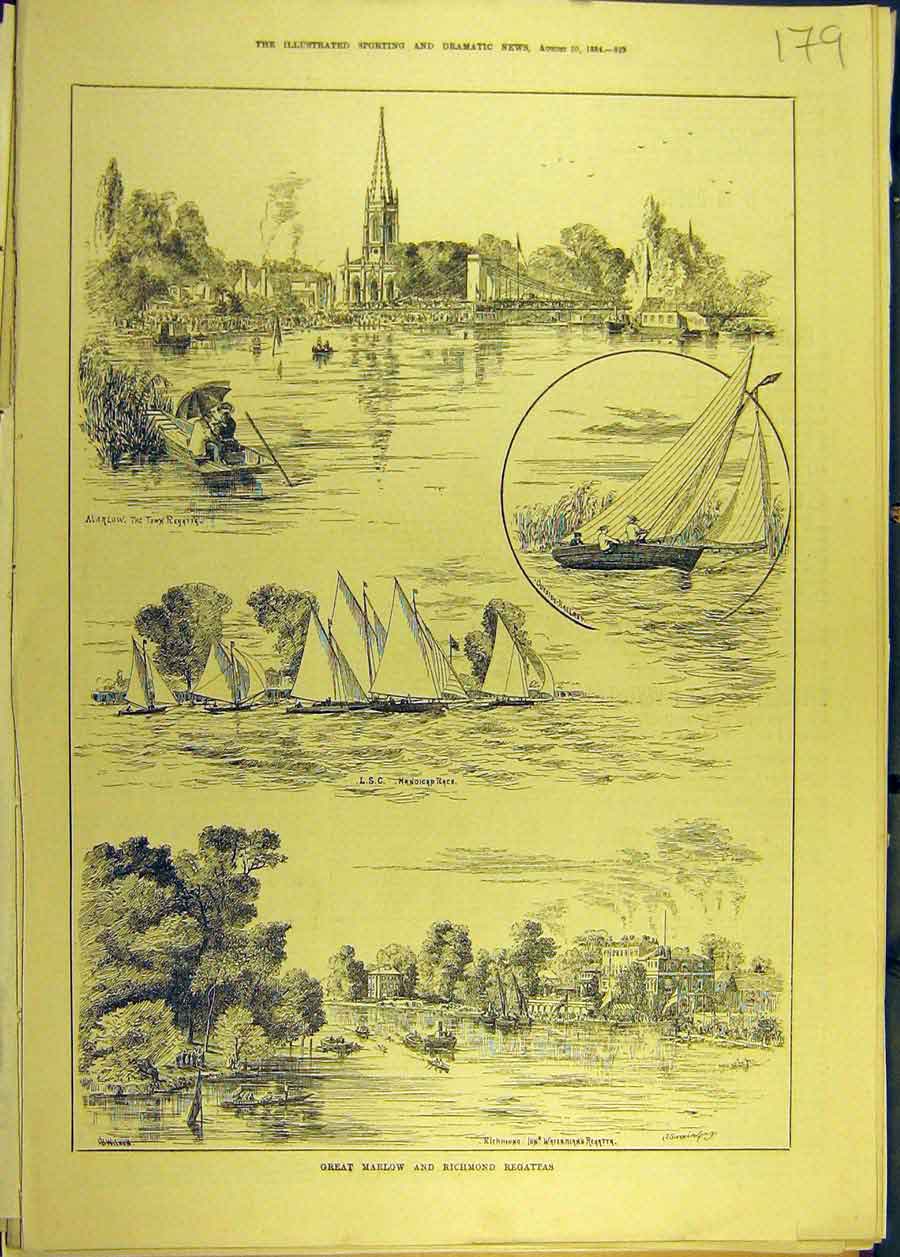 Original Old Antique Print 1884 Great Marlow Richmond Regatta Yacht Race 19th