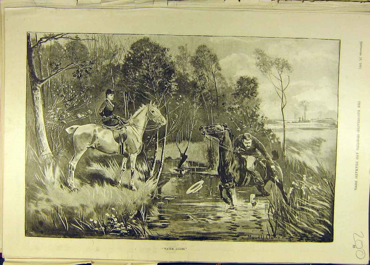 Original Old Antique Print 1891 Water-Lillies Horse Rider Man Lady Pond Horses