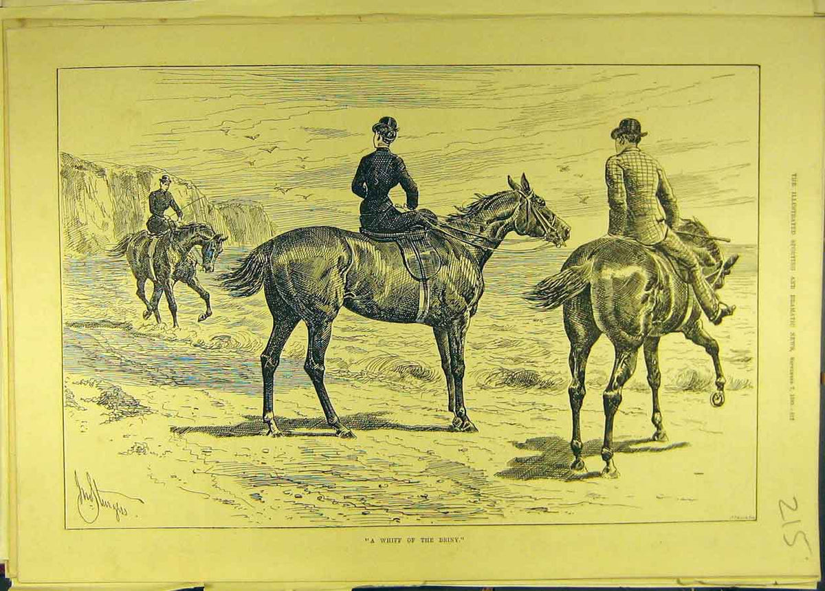 Original Old Antique Print 1889 Whiff Briny Horses Seaside Beach Riders Horses