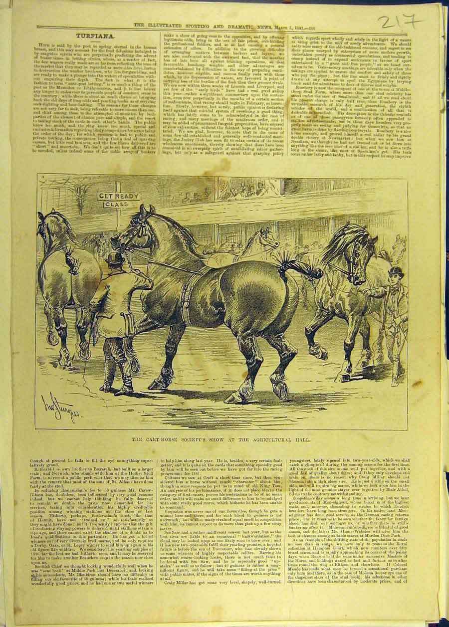Old Antique Print 1881 Cart-Horse Show Agricultural Hall Sketch Sturgess 19th
